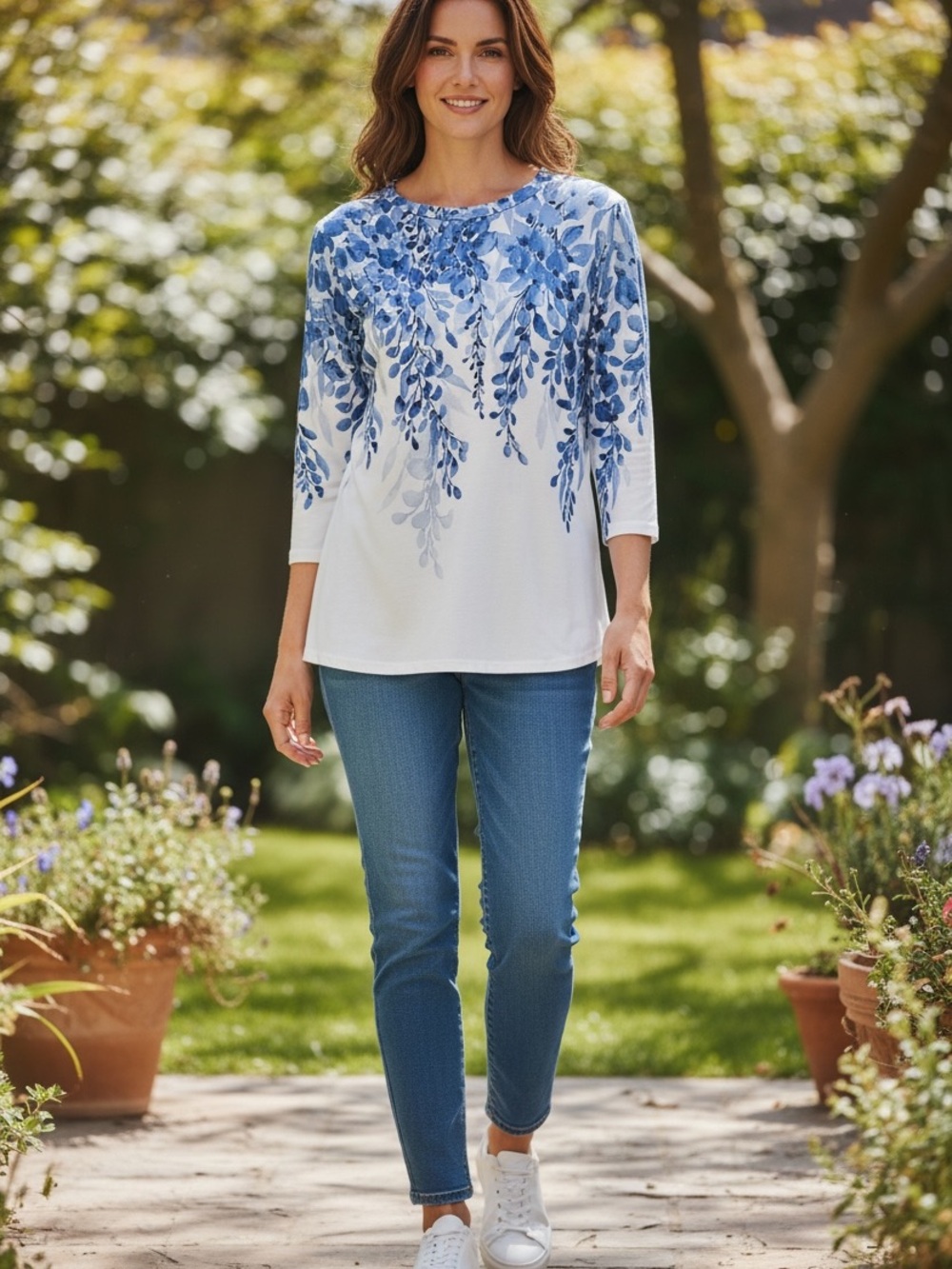 Women’s XL Blue Floral Print 3/4 Sleeve Tunic Top White Soft Stretch Extra Large
